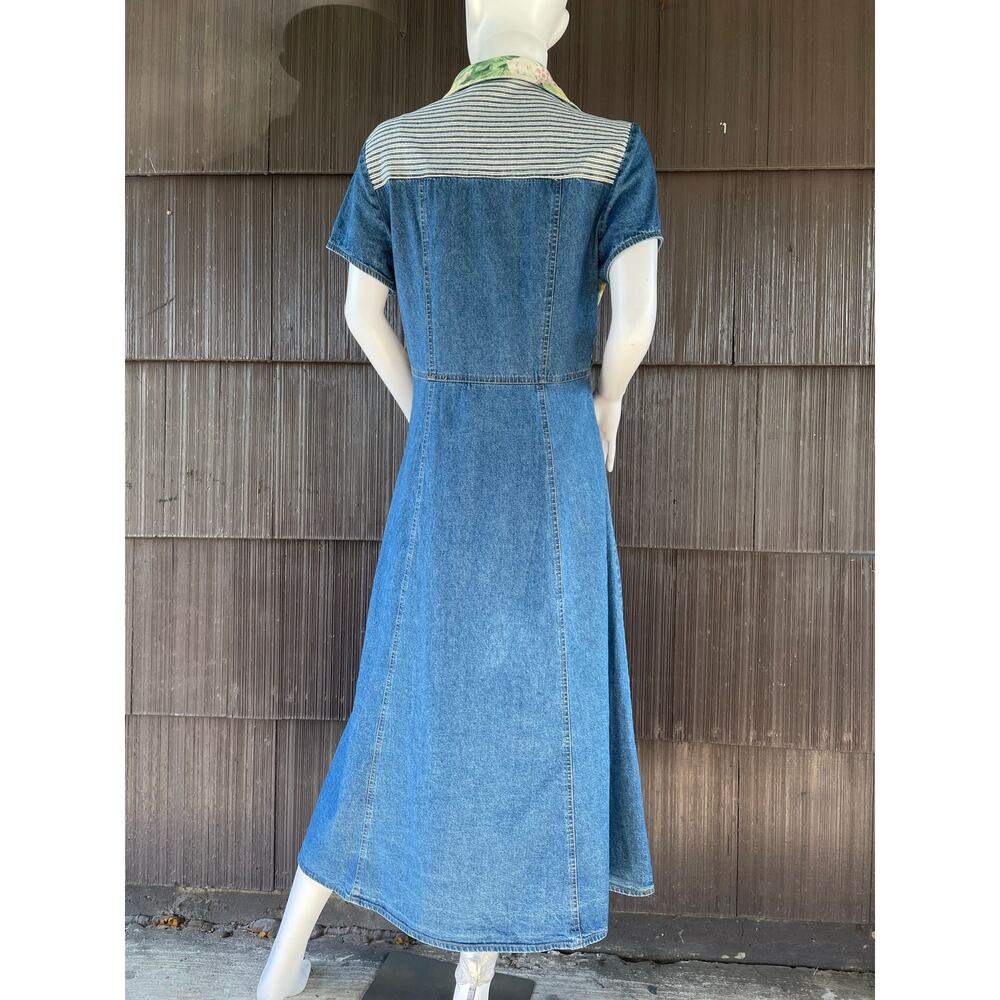 š„VTG Nina Piccalino Denim Dress Fit & Flare Button Down Patchwork Boho Cottage - Picture 7 of 14
